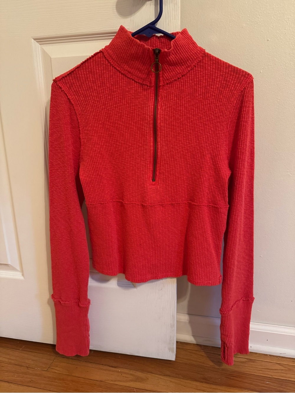 We The Free Women’s Red Ribbed Half-Zip Long-Sleeve Top